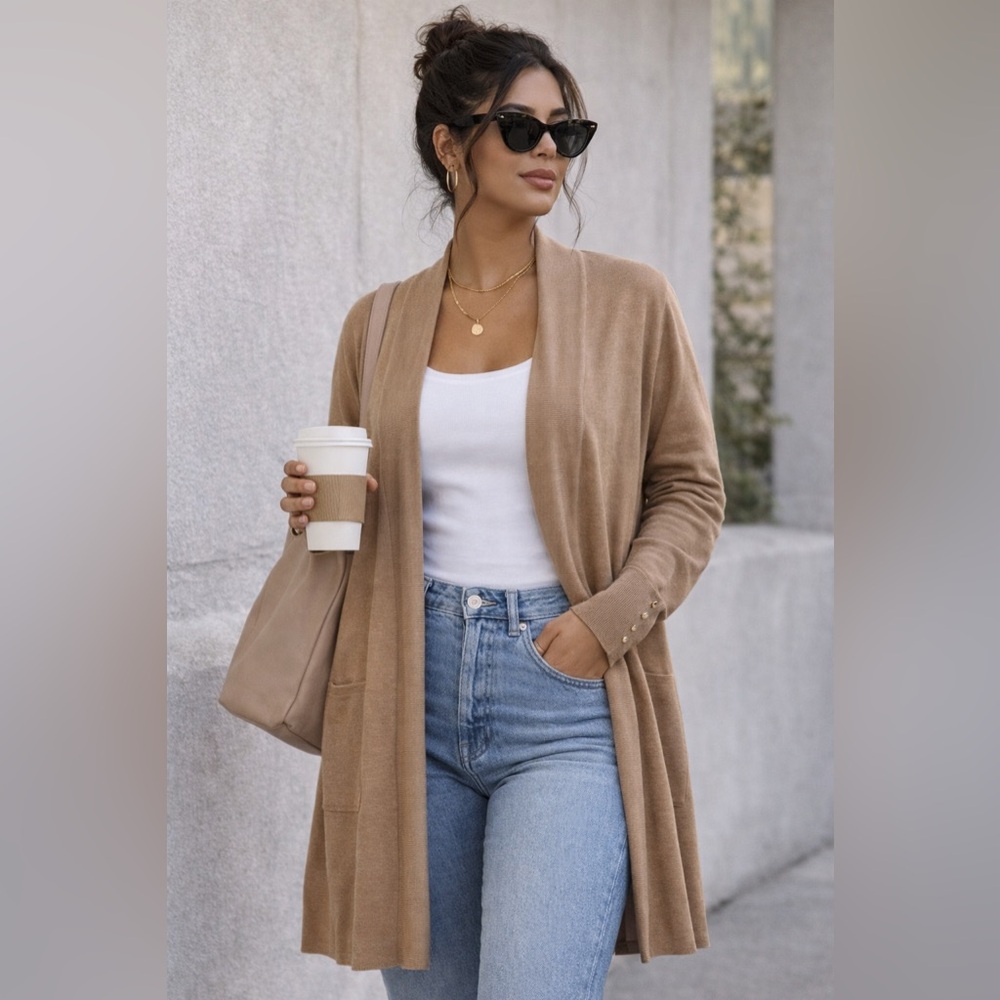 Camel Open Front Lightweight Cardigan Minimalist Neutral Layering Duster Soft